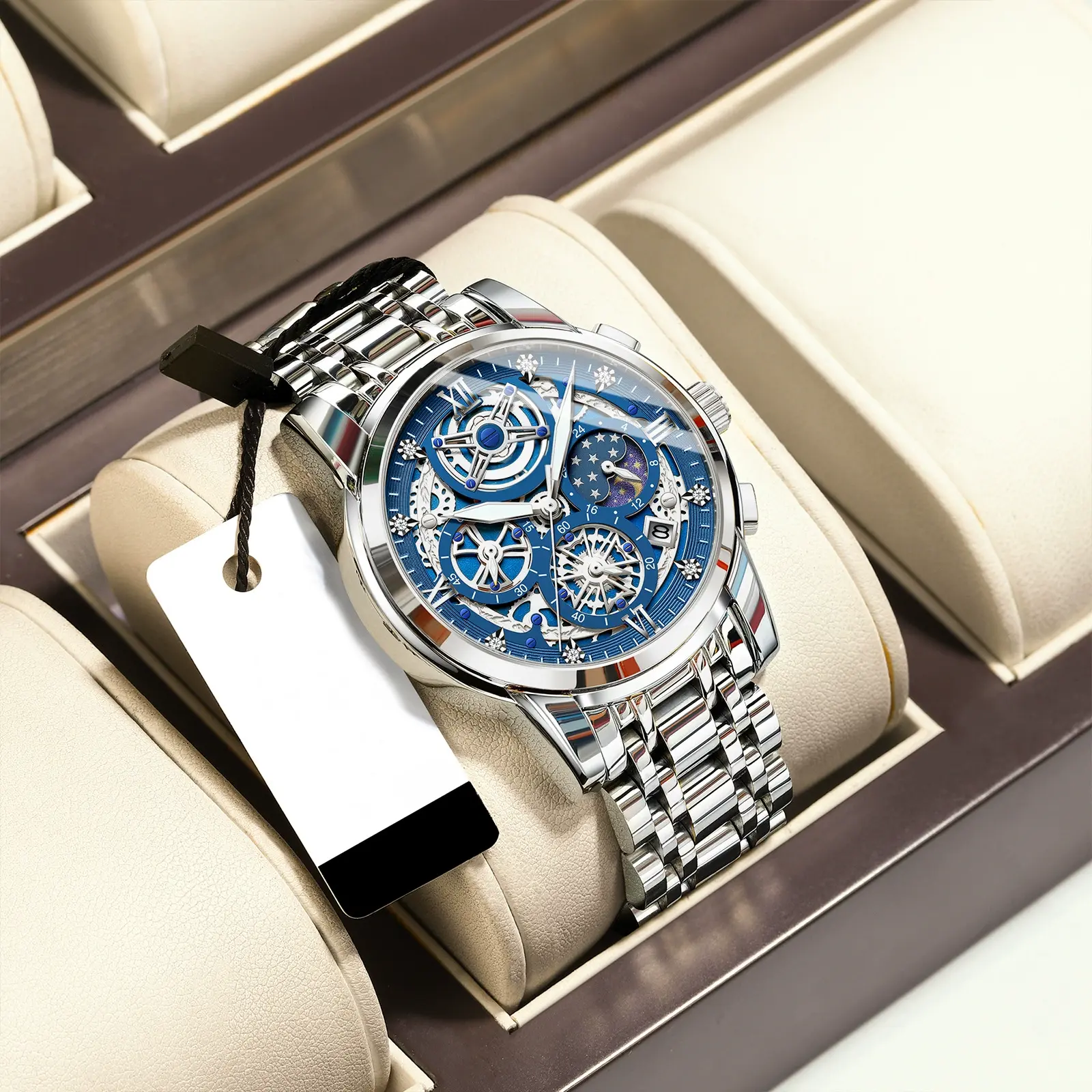 Unisex Two-Tone Multifunction Quartz Watch with Chronograph, Moon Phase, and Skeleton Dial - Stainless Steel Dress Watch