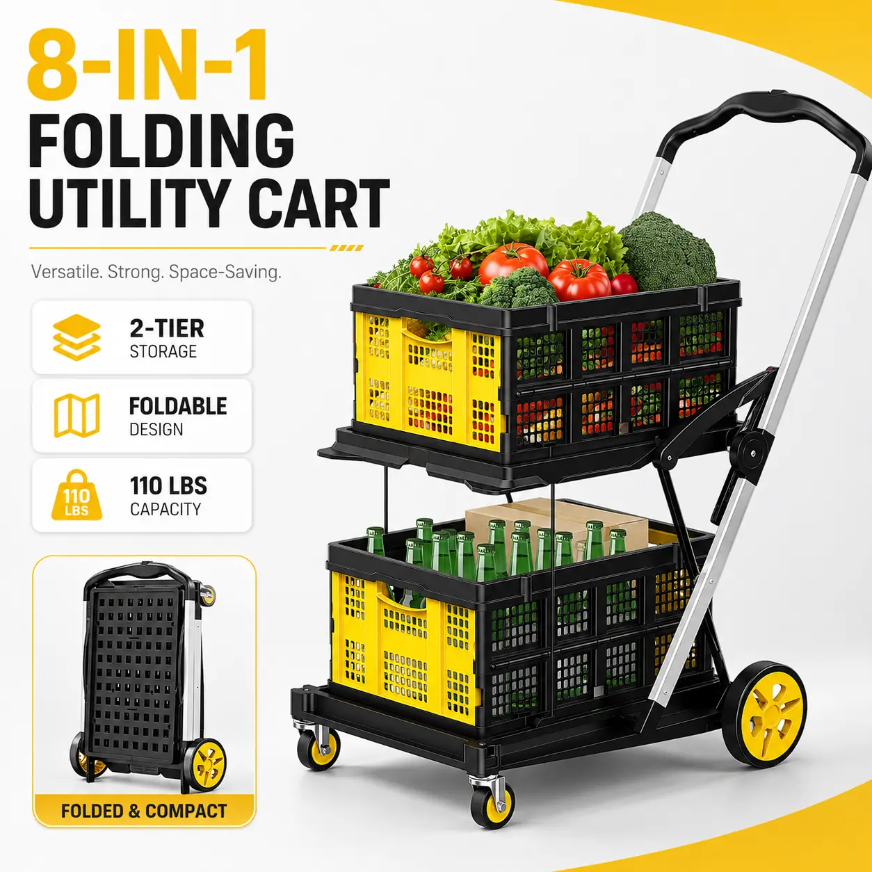 Chic Foldable Plastic Utility Cart with Wheels, Elegant Rolling Shopping Basket for Grocery, Laundry, Home Organization, Travel and Outdoor Use, Compact Portable Pull Cart