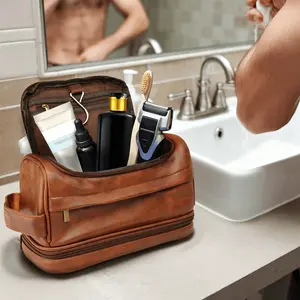 Men's Toiletry Bag Leather Handheld Large Capacity Storage Bag Hangable Toiletry Organizer Bag for Business Travel Convenient Storage Bag Cosmetic Travel Bags Travel Bag for Toiletries