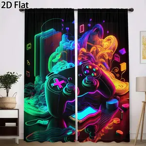 2D Flat 2Pcs Gamer Controller Curtains for Living Room Bedroom, Neon Glow Gaming Theme Decor, Cyberpunk Abstract Art Window Drapes Boys Girls, Privacy Protection, Modern Home Translucent tube bag design