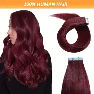 New Wholesale Hot Burgundy # 99J Tape-In Hair Extensions, 16-26 Inch Straight Human Hair Wefts for Women, Real Hair Wig Accessories, Beauty & Personal Care
