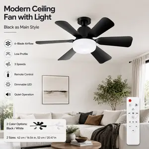 Modern Ceiling Fan with Light, 6-Blade Low Profile Flush Mount Ceiling Fan, Remote Control, 3 Speeds, Dimmable LED Light, Quiet Airflow, Black/White Options, 16.54/20.47 in for Bedroom, Living Room, Dining Room