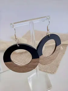 Elegant Acrylic Resin Geometric Dangle Earrings, Natural Wood Inlay Design, Handcrafted Copper Material, Unique Gift Idea