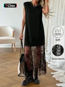 Women's Knit & Lace Patchwork Sleeveless Maxi Dress, Crew Neck, Cap Sleeve, Floral Lace Hem, Daily Casual Commute Date Brunch Wear, Breathable Lightweight Soft, Edgy Casual Gothic Style