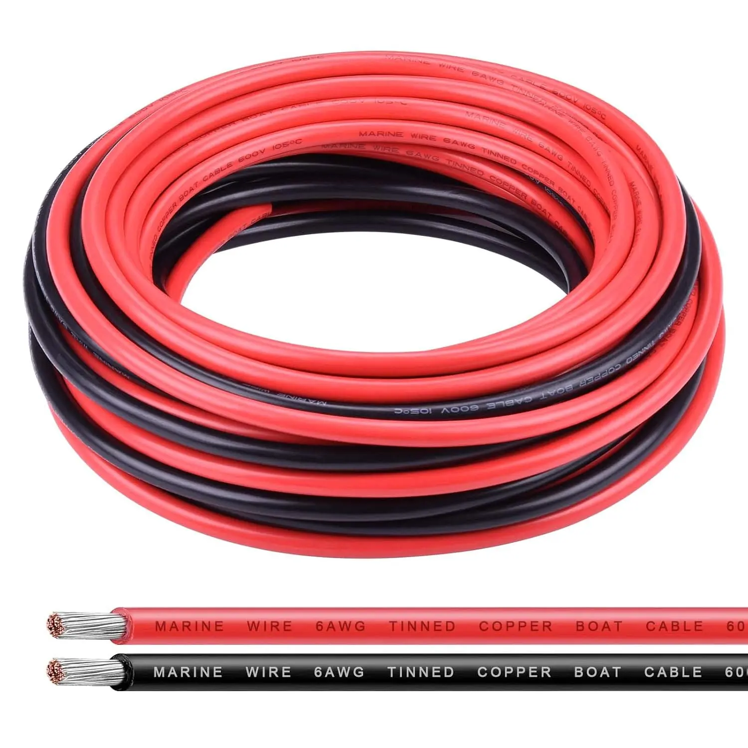 6 Gauge Wire, 6 AWG Tinned Copper Electrical Wire ,2 Single Conductor Insulated Stranded Marine Wire for  Automotive Trailer Marine Speaker Wire Solar Panel Lighting-30FT Black&30FT Red