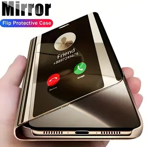 Cute Mirror Flip Phone Case for Samsung Galaxy Series, Luxury Makeup Mirror, Kickstand Cover, Anti-Fingerprint, Shockproof Protection