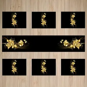 5 piece spring/summer table flag placemat set, Rectangular Shape, gold rose flower tablecloth, Picnic table cover, suitable for weddings, family kitchen gatherings, holiday decorations, outdoor dining, picnic and dinner decoration sets