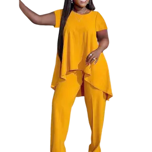 Women's Plus Size Simple Solid Two-piece Set Irregular Hem Crew Short Sleeve Top & Pants Outfits for Curvy Women Casual Wear Perfect for Birthdays & Holidays