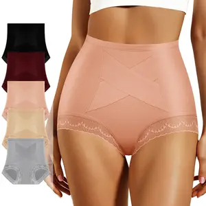 Morelect 5 Pcs Women's Cotton High Waist Panties, Slimming Crisscross Front Design, Soft Lace Side Details Briefs, Breathable All Season Underwear, Everyday Comfort Undies