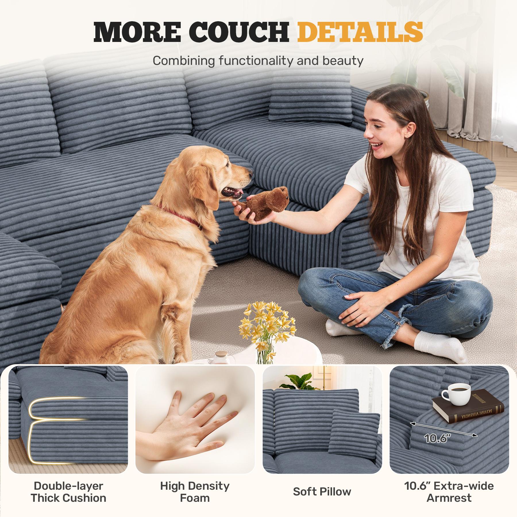 134" U Shaped Modular Sectional Sofa, Oversized Boneless Couches for Living Room,No Assembly Required Corduroy Cloud Couch with Chaise Lounge