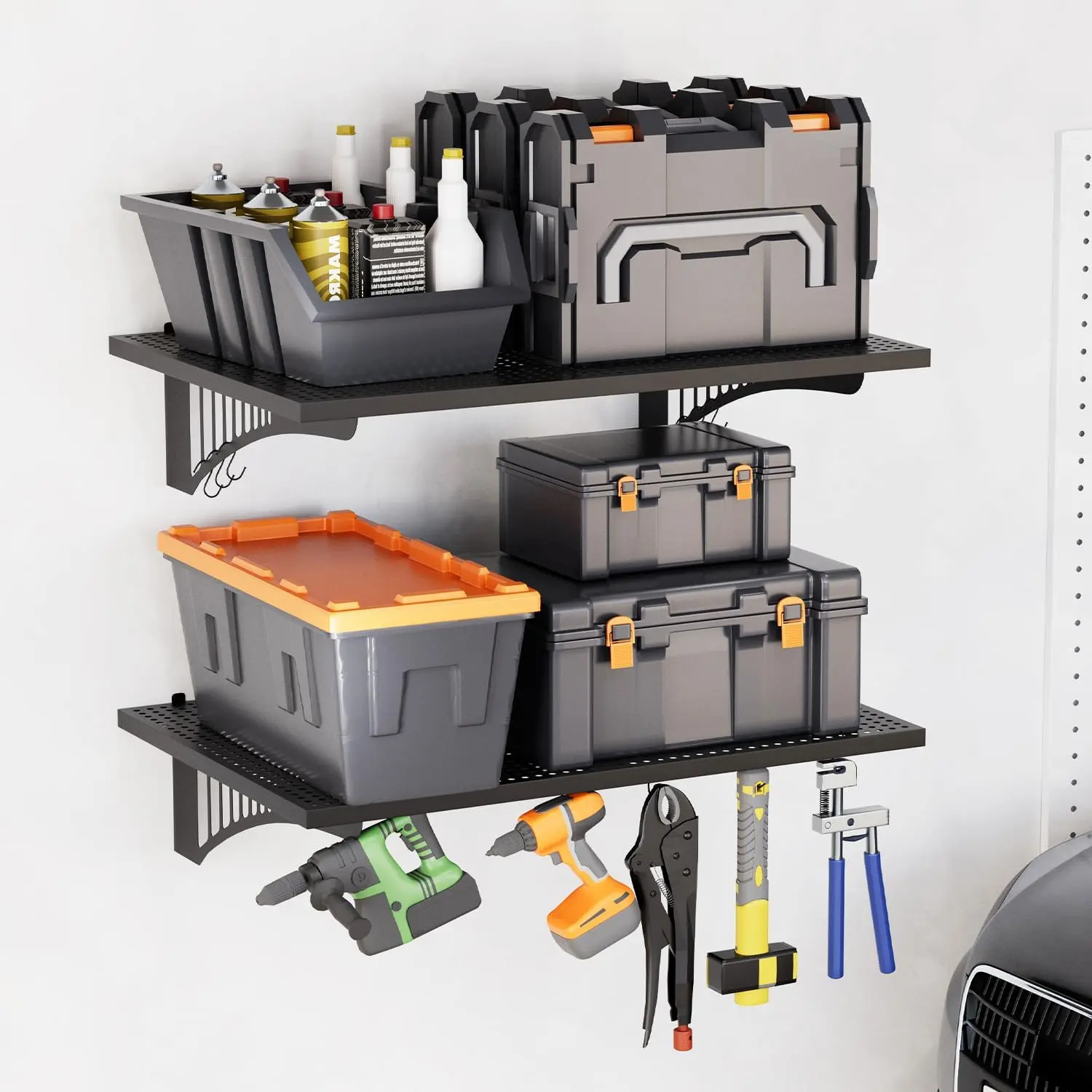 EROMMY 2Pack Heavy Duty Garage Wall Shelving, 500 lbs Load Capacity, Wall Mounted Garage Storage Rack with 6 Removable Hooks, Black Metal Floating Shelves for Workshop & Basement