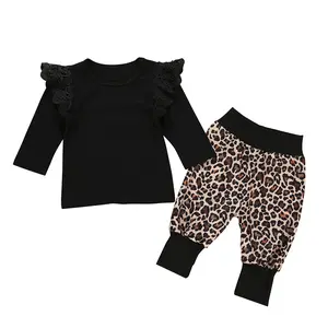 Ma&Baby Baby Girls Autumn Clothes Set Long Sleeve Solid Color Lace Ruffle T-Shirt+Leopard Harem Pants Kids 2Pcs Casual Outfits
