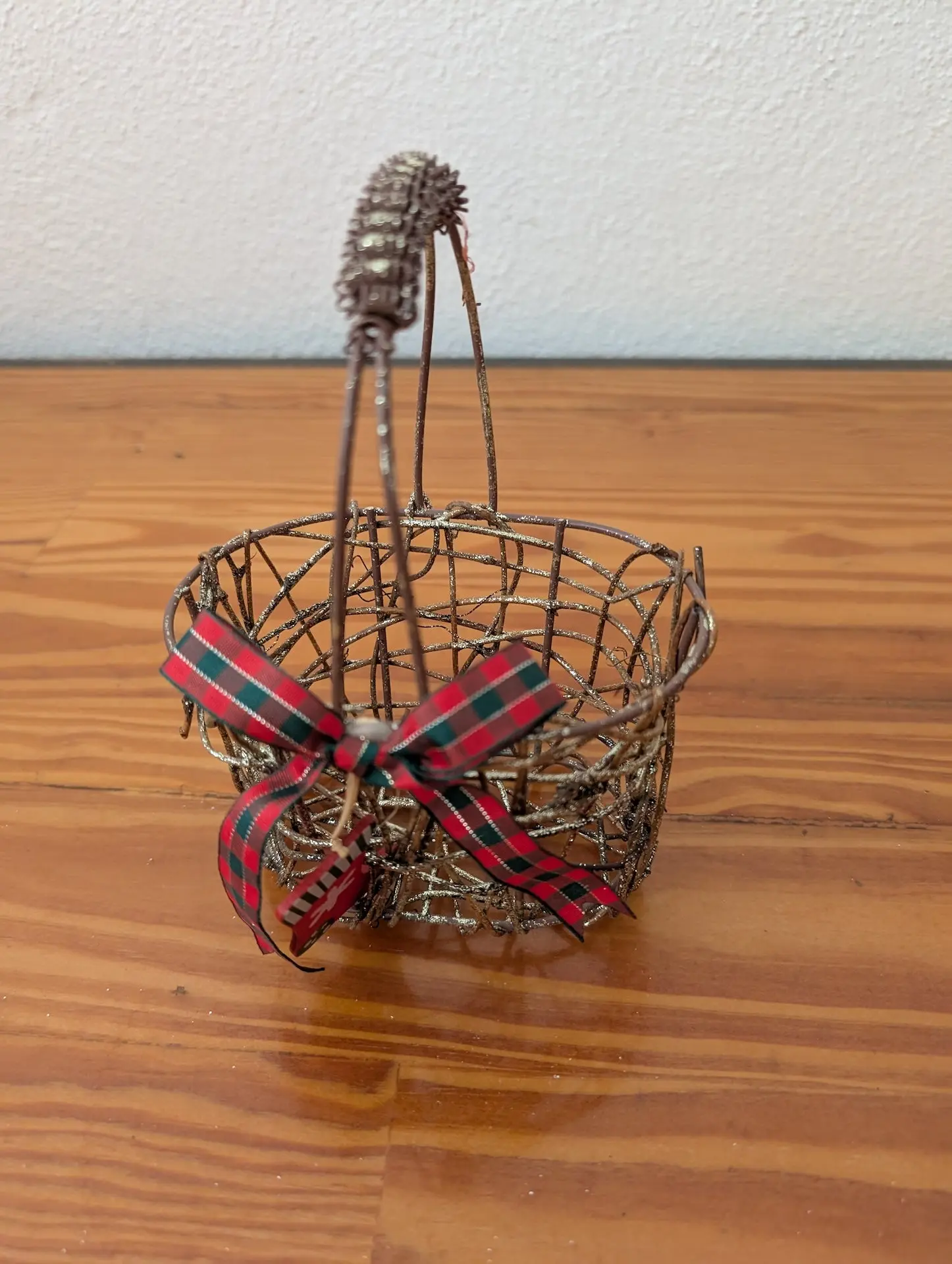 Mini Wire Basket Ornament from Unknown -  Holiday Decor (Metal Wire, Ribbon, Glitter Decor, Rustic, Farmhouse, Bronze, Red, Green)
