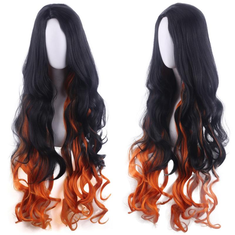 Anime Kamado Yellow Wigs Hair Cosplay Nezuko Hairs Cap Dye Gradient Long Curly Hair Halloween for Adult Woman