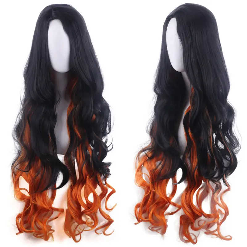 Anime Kamado Yellow Wigs Hair Cosplay Nezuko Hairs Cap Dye Gradient Long Curly Hair Halloween for Adult Woman
