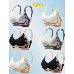 6-Piece Luxury Anti-Gravity Lifting Sports Bras - Closed double-row buckle design, wire-free support, breathable and lightweight beige seamless underwear, adjustable shoulder straps, 6 colors (black/white/gray/navy blue/beige) suitable for fitness.