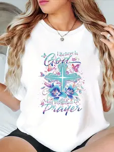 Women'S White T-Shirt with Vibrant Cross & Floral Design - "I Believe In God and the Power of Prayer" - Casual Crew Neck Short Sleeve All-Season Top Allseason Top | Religious Graphic Shirt | Comfortable Fit Christian Clothing