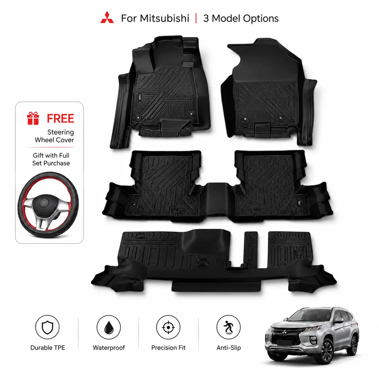All Weather Custom TPE Floor Mats Full Set, Waterproof Anti-Slip Deep Dish Liners for Mitsubishi Eclipse Cross, Outlander Sport 5-Seater & Outlander 7-Seater, Complete Driver Passenger Rear Kit, Free Steering Wheel Cover