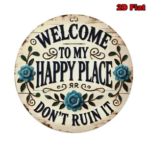 2D Flat,1pc happy place metal sign, suitable for home, office, bedroom decoration, coffee shop decoration, garage decoration, etc. Holiday gift, 8‘’ in, Perfect for Room Decor, cafe, garden, bar, family.