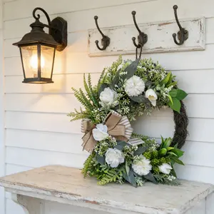 Farmhouse Style Front Door Wreath, Artificial Flower Wreath, Roses, Eucalyptus Leaves, Jute Bow Greenery Wreath, Spring Summer Fall Decoration