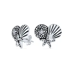 Tropical Vacation Beach Escape Sand Dollar Starfish Seashell Stud Earrings .925 Sterling Silver