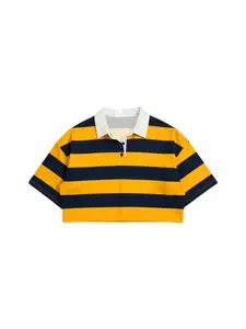 Vintage Colorblock Striped Short Crop Polo Shirt, American Street Style High Waist Loose Fit Half Sleeve Cropped Blouse, Women's Fashion Top