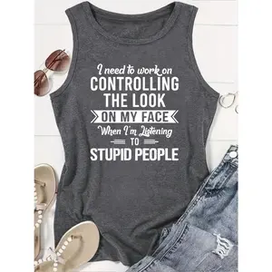 Elegant Women's Gift Printed  Management "Complain" Graphic Crew Neck Sleeveless Tank Top for Spring, Summer, and Autumn, Fashionable Casual Commuting, Vacation, and Daily Versatile Vintage Style Top