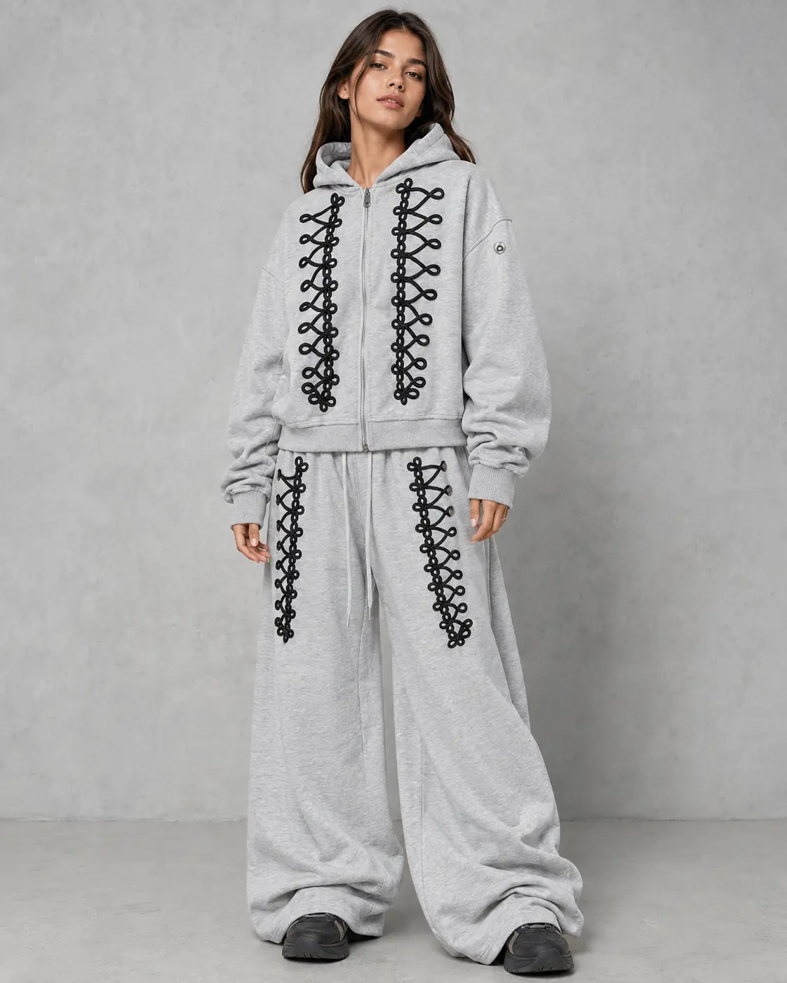 Aelfric Eden Menswear 2-Piece Casual Polyester Streetwear Set - Long Sleeve Lace-Up Embroidery Cropped Zip-Up Hoodie, Baggy Barrel Sweatpants, Ribbed Hem, Corset-Inspired Details, Handcrafted Chinese Knot, Unisex Design