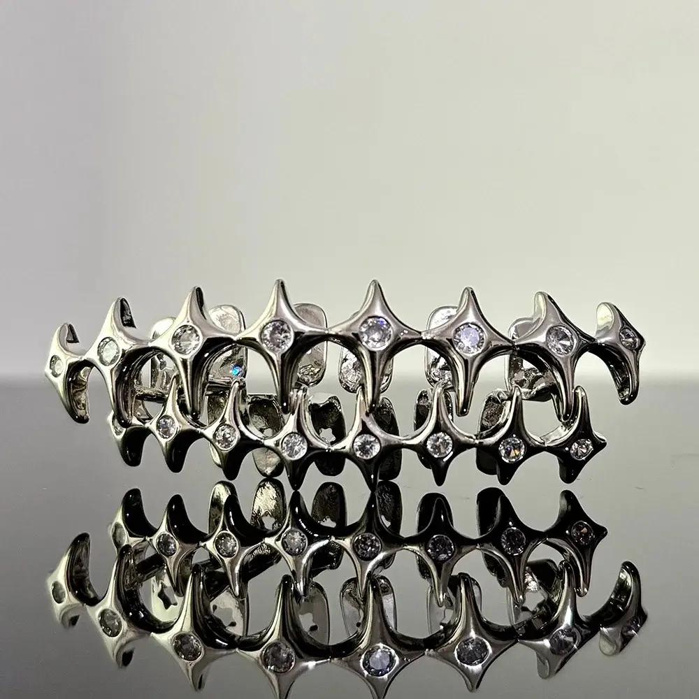 Gothic Full Star Chain Teeth Grillz Hip Hop Thorn Shape Zircon Mouth Tooth Caps For Women Men Jewelry Dental Grills