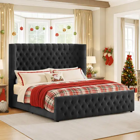 AMERLIFE Bed Frame with 49" Upholstered Wingback Headboard, Platform Bed with Steel Frame and Slip-Resistant Edges, No Box Spring Needed/Best Gift Ideas/Christmas Gifts[TikTokShopFallDealsForYou]