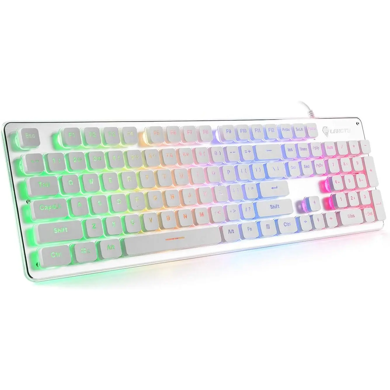 Membrane Gaming Keyboard, Rainbow LED Backlit Quiet Keyboard for Office, USB Wired -Metal Panel 25  Anti-ghosting  Keyboard 104  - L1 White/