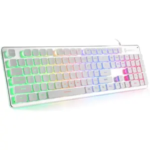 Membrane Gaming Keyboard, Rainbow LED Backlit Quiet Keyboard for Office, USB Wired -Metal Panel 25  Anti-ghosting  Keyboard 104  - L1 White/