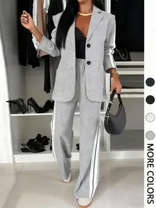 Valentine's Day Women's Striped Print Blazer Jacket & Wide Leg Pants Set, Casual Fitted Suit for All Seasons, Stylish Ladies' Clothing Ensemble