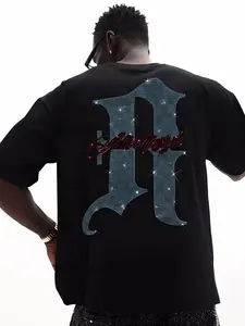 Rhinestone Gothic Letter Graphic Oversized T Shirt Men, Menswear, Y2K Bling Rhinestone Print Streetwear Short Sleeve Tee, Black Back Print Rhinestone Top, For Daily Wear, Casual, Summer Outfits, Men's Retro Streetwear