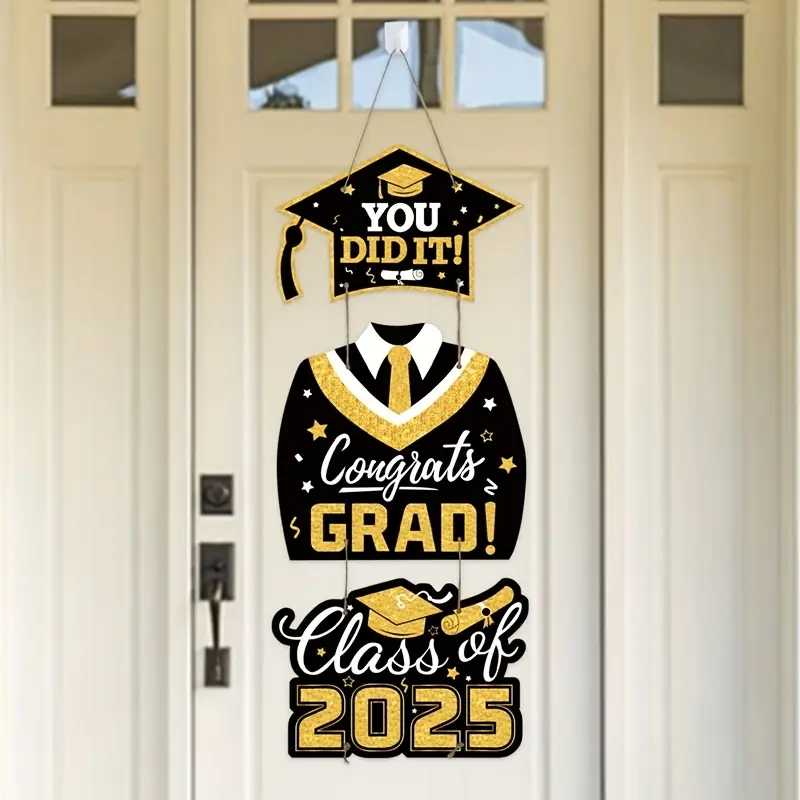 3-Piece Set, 2025 Graduation Black and Gold Door Hanging Decorations, Congrats Graduates Door Hanging Decorations, Happy Graduation Party Decorations, Graduation Party Supplies Photography Props, Graduation Party Hanging Banners