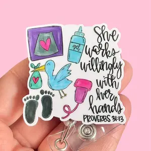 Glitter My Badge She works willingly with her hands ultrasound labor and delivery badge reel for nurse and hospital workers. Badge clip Badge pull - Retractable swivel clip with a 360 rotation. Great gift for coworker.