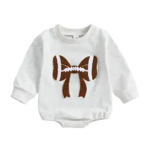 Baby Girl Bubble Romper Long Sleeve Crew Neck Bow Football Print Bodysuit Newborn Clothes