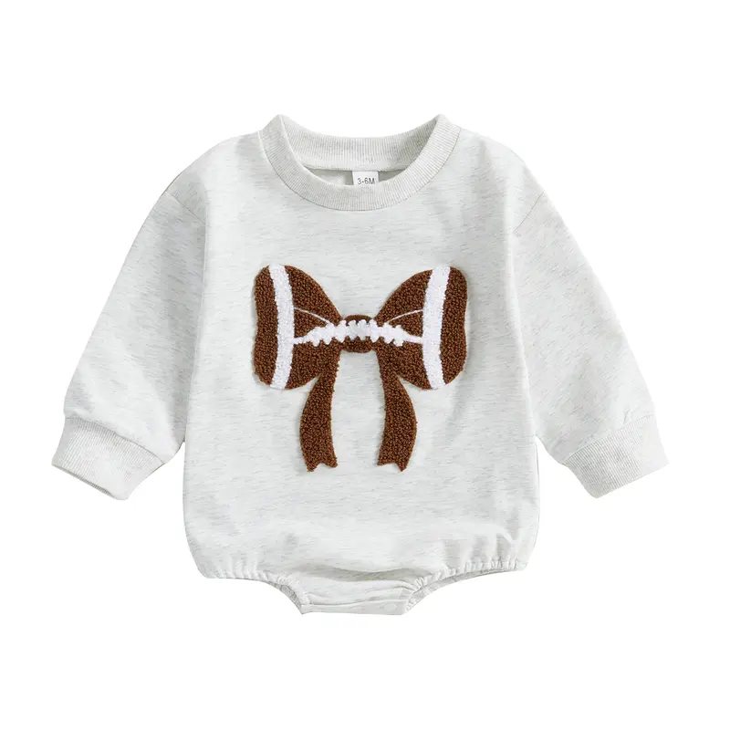Baby Girl Bubble Romper Long Sleeve Crew Neck Bow Football Print Bodysuit Newborn Clothes