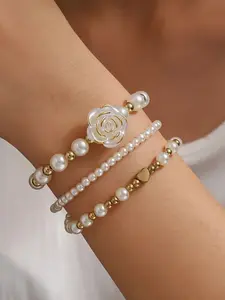 3pcs Fashion Camellia and Heart Design Bracelet Set, Elegant Layered Elastic Rope Bracelets, Women's Daily, Date, Wedding, Summer Vacation Jewelry