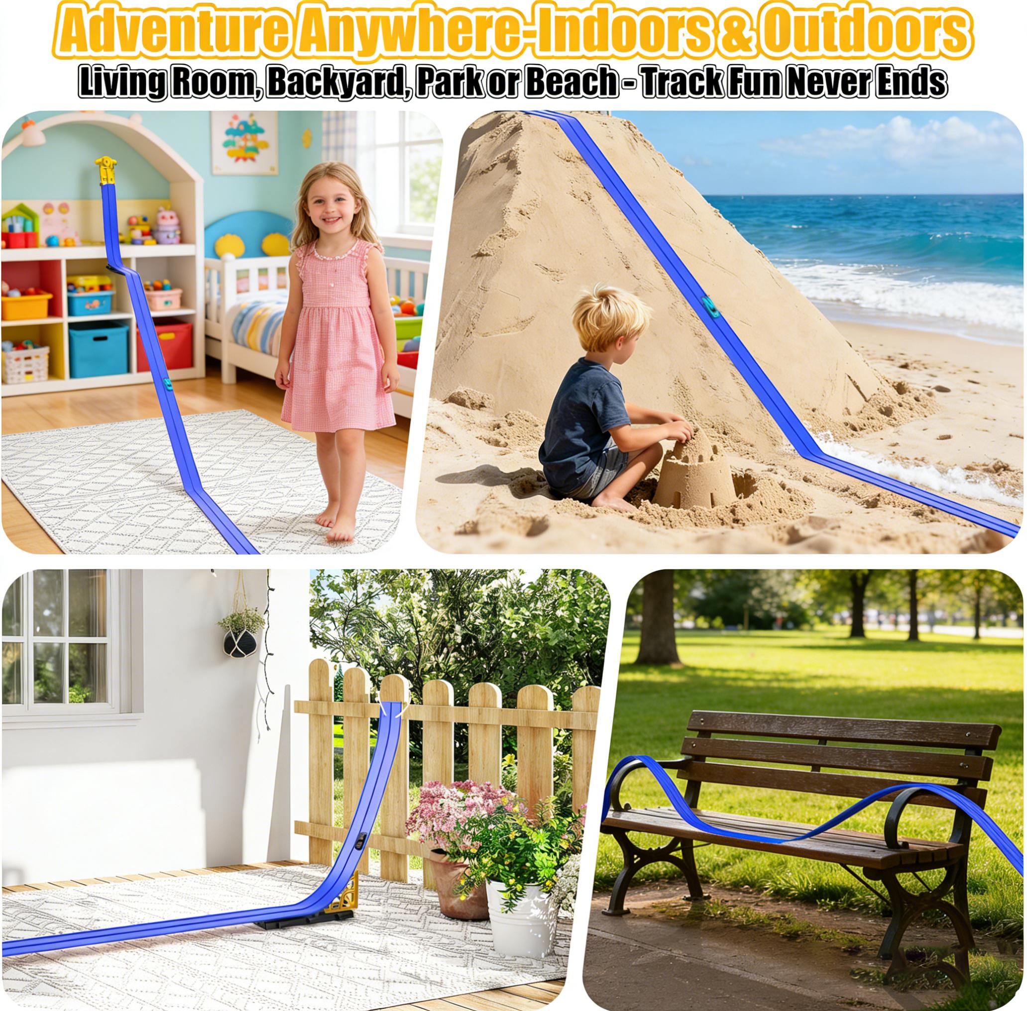 12.8 ft children’s elastic racing track, 1:64 die-cast racing toys, roll-up portable racing track, includes 4 cars and suction cups, birthday and Christmas gift for boys and girls ages 3+.