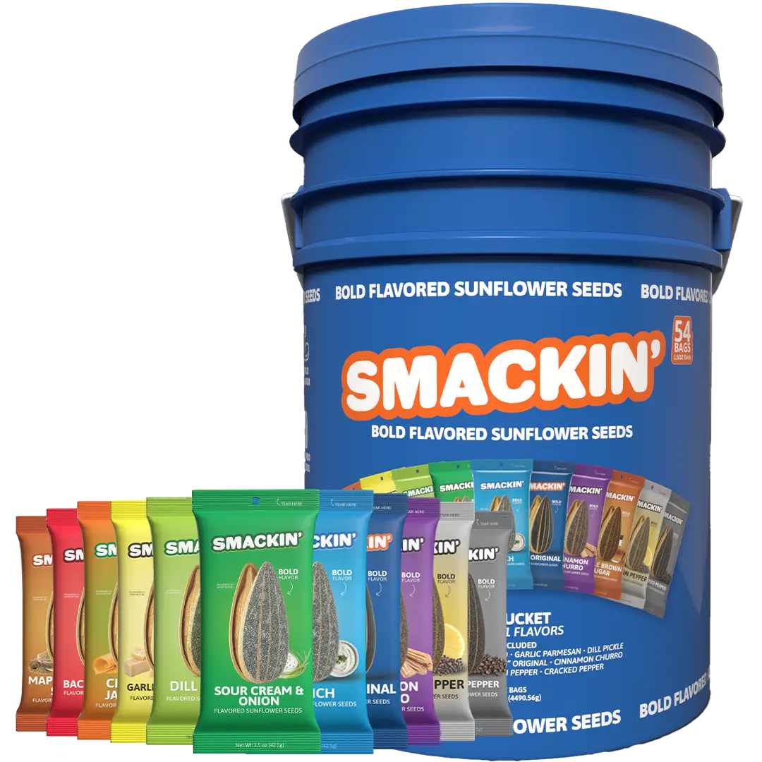 SMACKIN' Sunflower Seed Bucket, 54 Total 1.5 Ounce Single Serve Bags, 11 Flavor Variety Bucket