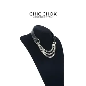 CHICCHOK Leaf Pattern Texture Breathless Fashion Leather Choker with Movable Thick Chains, Daily Wear, Unisex, Pride Moth Gift,Handmade Cowhide Leather Streetwear Statement Jewelry Witchy Jewelry