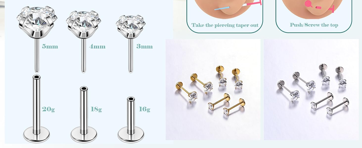 13Pcs 20G/18G/16G Flat Back Earrings Stud 316L Surgical Stainless Steel Threadless Push in Nose Stud Tragus Helix Lip Medusa Piercing Jewelry