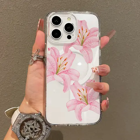 Magnetic Snap-On Protective Flexible TPU Cover for iPhone 11/12/13/14/15/16/17 Air/18 Pro Max, Durable MagSafe-Compatible Retro Pink Flowers Case, Springtok Aesthetic Anti-Scratch iPhone 14 Pro Accessory That Hugs Phones Securely