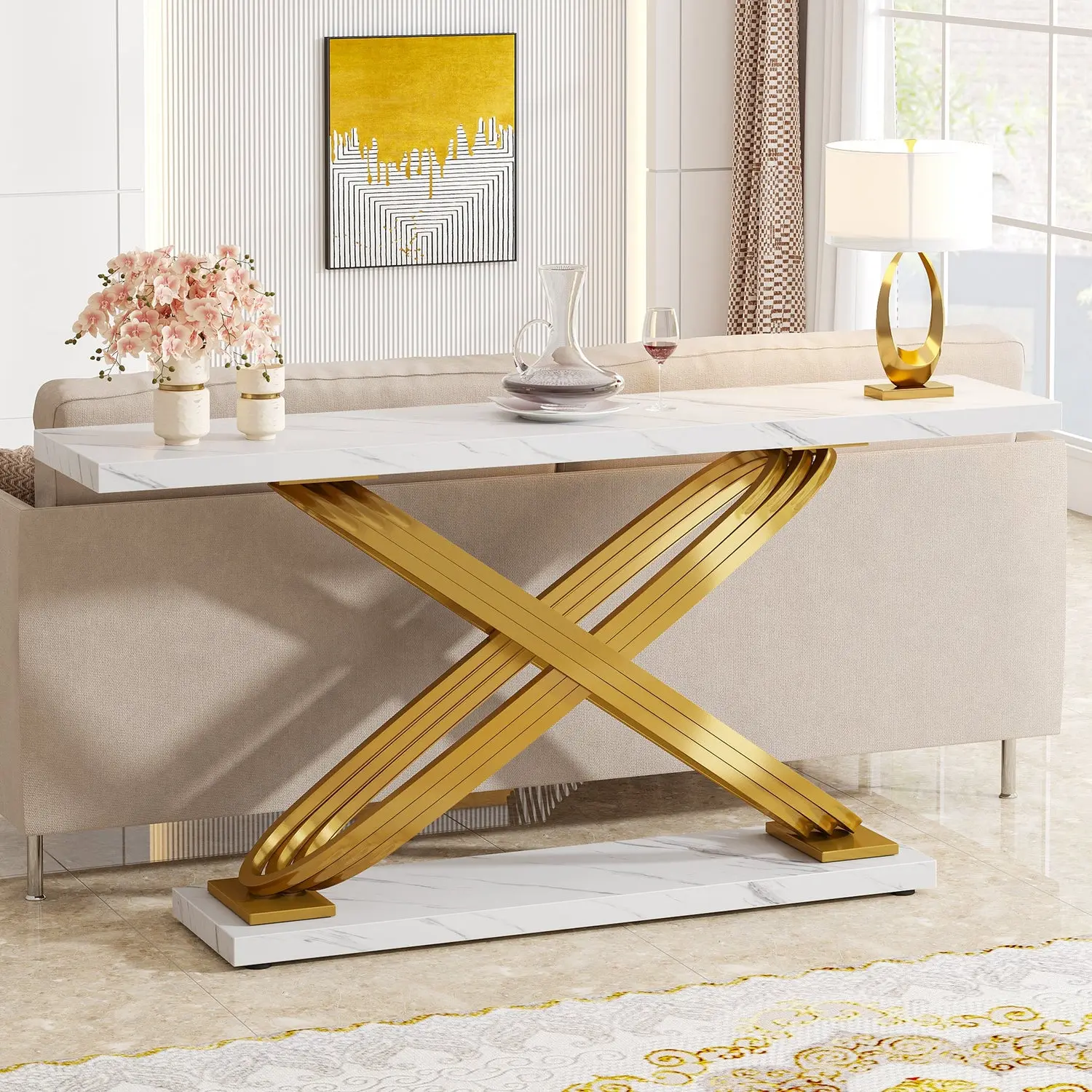 Spaco 55-Inch Narrow Rectangular Faux Marble Gold Console Table - Classic Particleboard Multi-Purpose Modern Pedestal Table, Modern Furniture for Entryway, Multi-Purpose Pedestal Tables