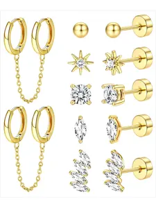 6 Pairs Cute Golden Cartilage Earrings with Dangle Chains for Women Men Flat Back Huggie Stud Combo Skin-friendly Copper Stainless Steel Hypoallergenic Lightweight Stylish Trendy Layered Piercing Looks for Everyday Streetwear