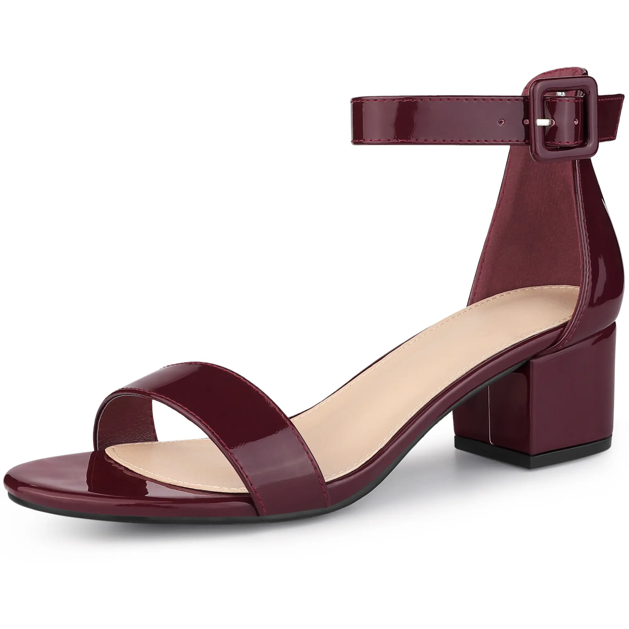 BLISSFUL STEP Women's Low Block Heel Leather Ankle Strap Sandals