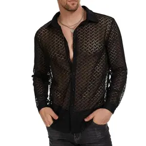 New men's lace see-through shirt, sexy hollow mesh long-sleeve shirt, casual top