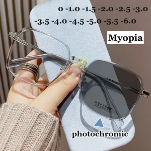 Vintage Women Men Square Anti Blue Rays Short Sight Glasses Finished Prescription Eyewear Photochromic Glasses Myopia Glasses