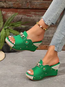 2026 Summer New Women Heeled Sandals, Luxury Rhinestone Chain Decor, Retro Rivet Details, High Heel Grass Mat Bottom, Comfortable & Stylish
